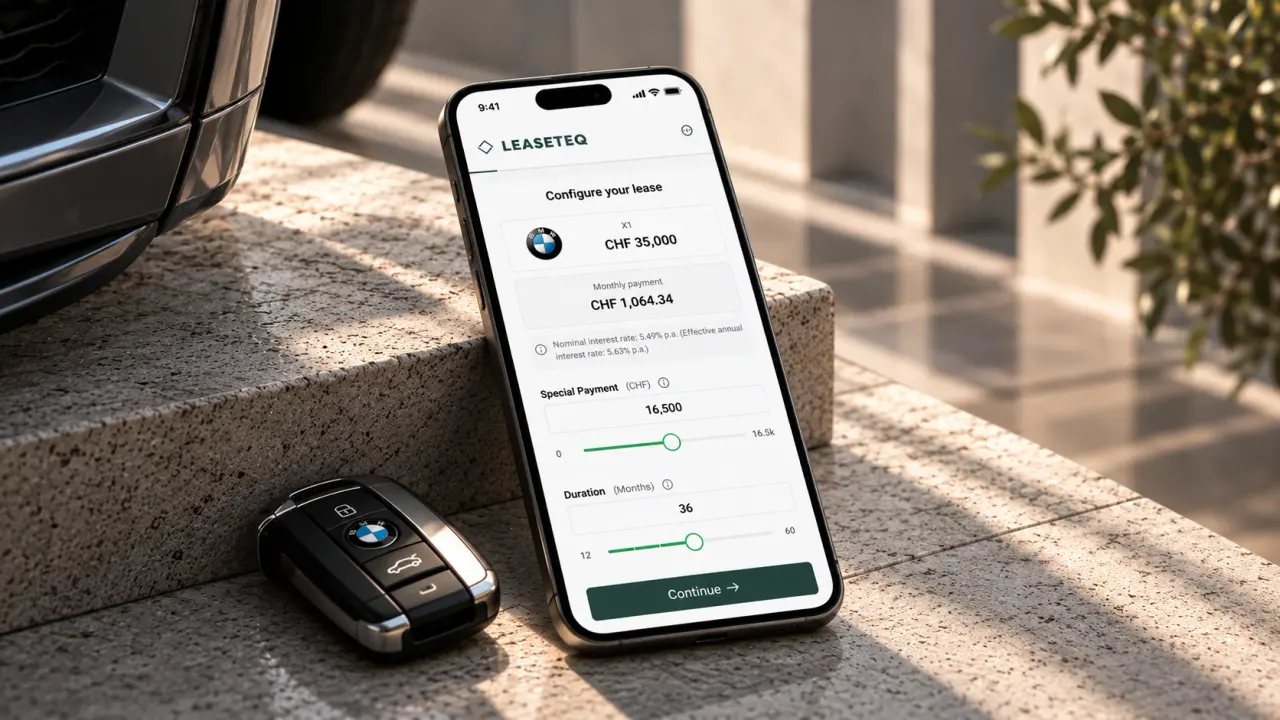 LEASETEQ lease configurator on a phone, showing a BMW X1 with monthly payment, special payment and duration controls, next to a BMW car key