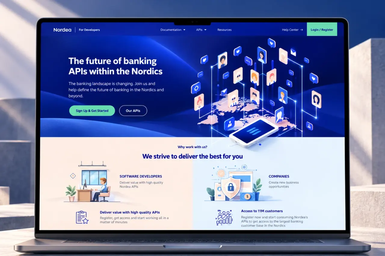 Nordea Open Banking developer portal homepage on a laptop